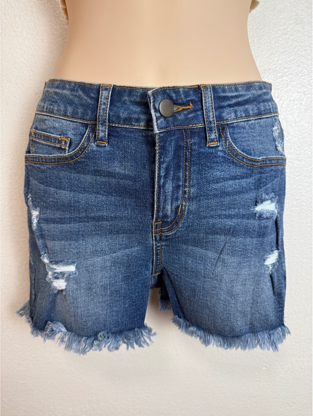 Distressed Blue Denim Shorts High Waisted Frayed Hem Jean Shorts Size XS/S